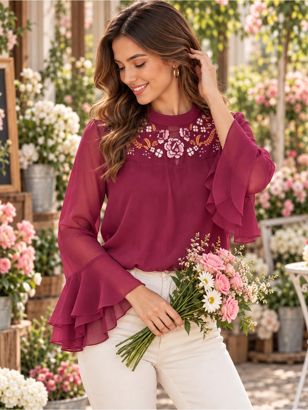 Burgundy Floral Embroidered Sheer Bell Sleeve Blouse